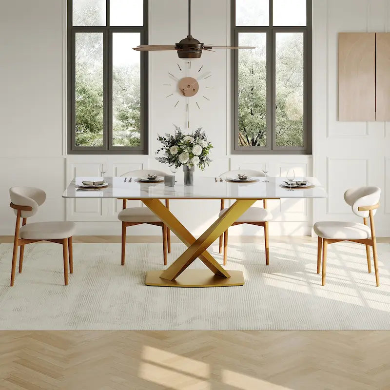 Modern Rectangular Dining table with Glossy Sintered Stone Table top, White Kitchen Table