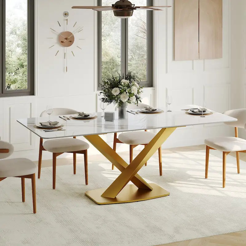 Modern Rectangular Dining table with Glossy Sintered Stone Table top, White Kitchen Table