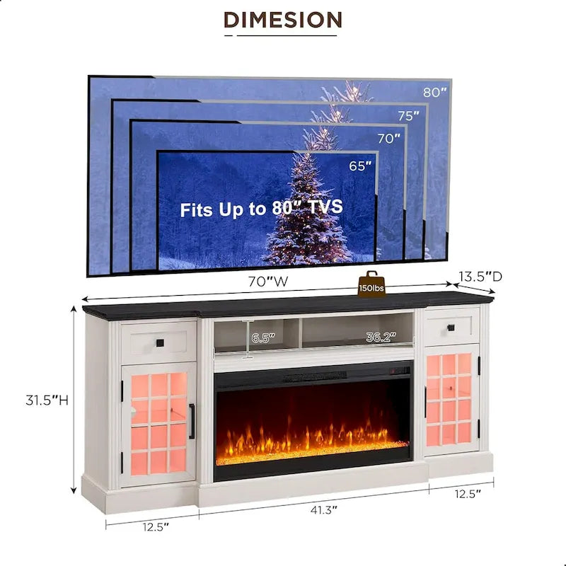 Farmhouse Fireplace TV Stand for 80 Inch TV, Entertainment Center