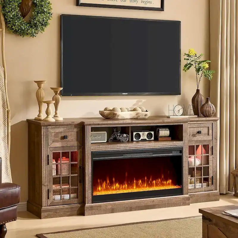 Farmhouse Fireplace TV Stand for 80 Inch TV, Entertainment Center