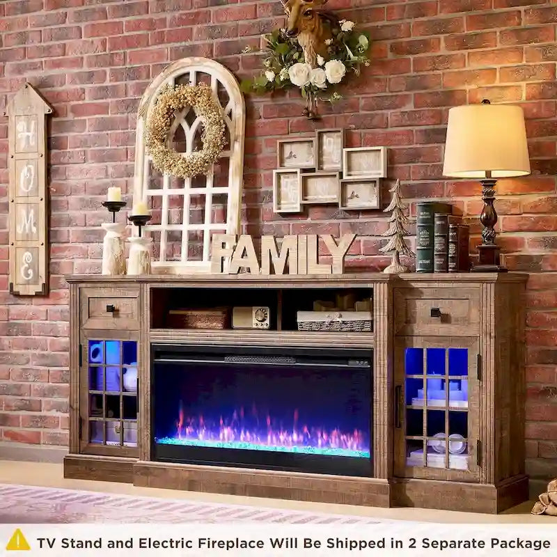 Farmhouse Fireplace TV Stand for 80 Inch TV, Entertainment Center
