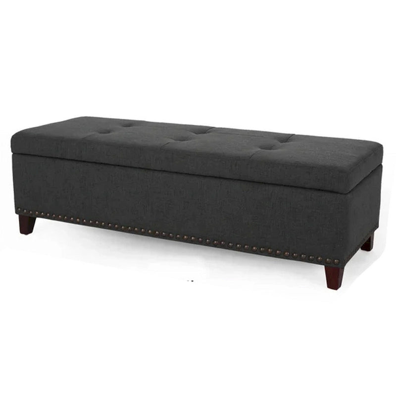 Nancy Storage Ottoman Bench, 51 Inch Dark Gray Fabric,BrassNailhead Trim
