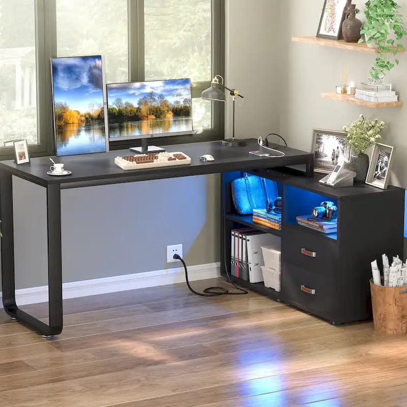 Reversible 55 L Shaped Desk with File Cabinet & Power Outlet,Corner Computer Desks with LED Strip Drawer