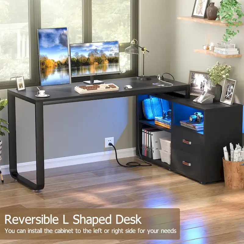 Reversible 55 L Shaped Desk with File Cabinet & Power Outlet,Corner Computer Desks with LED Strip Drawer