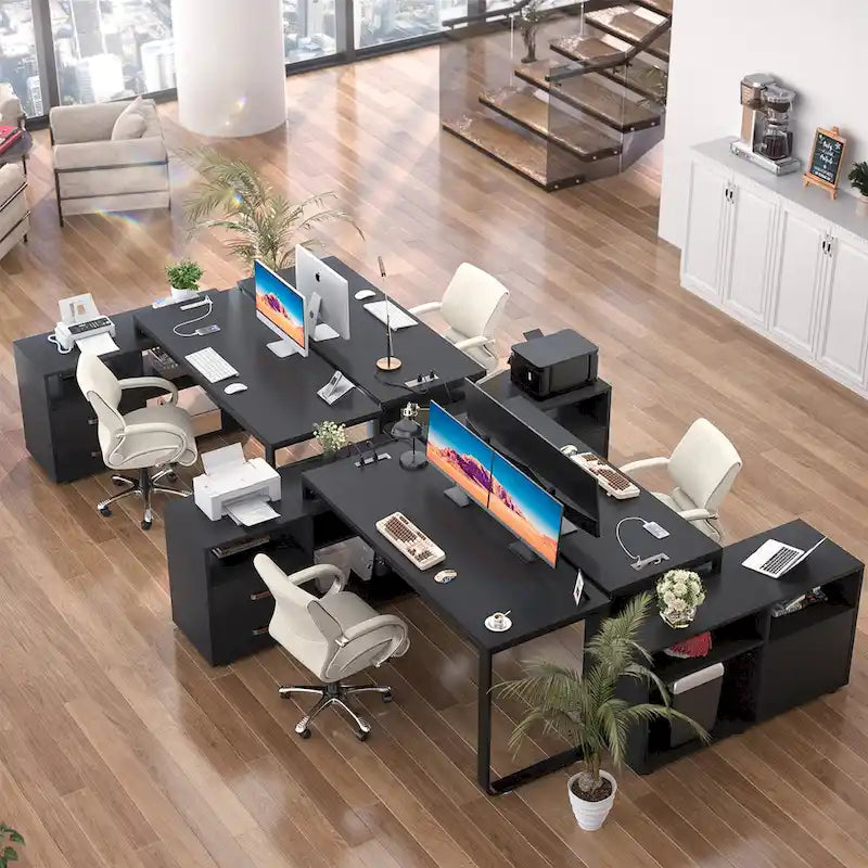 Reversible 55 L Shaped Desk with File Cabinet & Power Outlet,Corner Computer Desks with LED Strip Drawer
