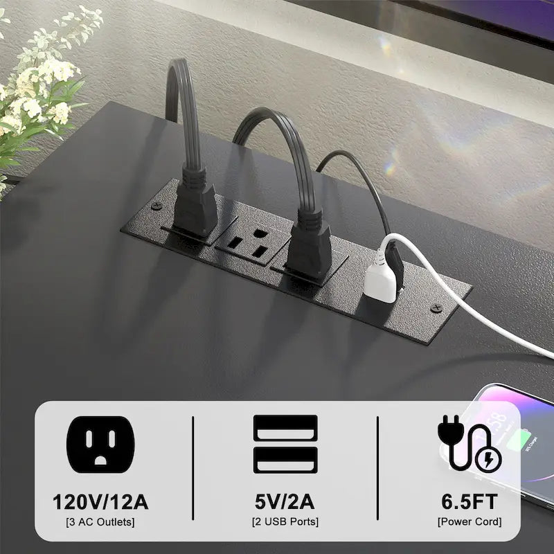 Wendbarer 55-Zoll-L-förmiger Schreibtisch mit Aktenschrank und Steckdose, Eckcomputertisch mit Schublade und LED-Leiste