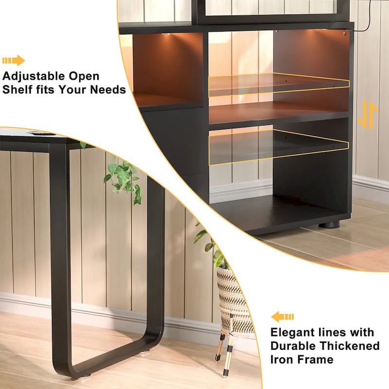 Wendbarer 55-Zoll-L-förmiger Schreibtisch mit Aktenschrank und Steckdose, Eckcomputertisch mit Schublade und LED-Leiste