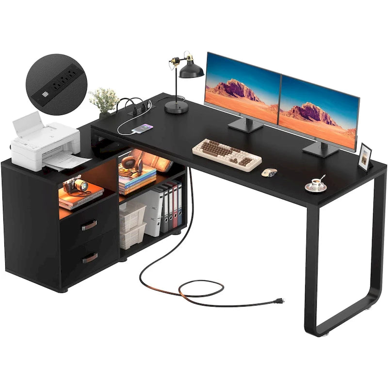 Wendbarer 55-Zoll-L-förmiger Schreibtisch mit Aktenschrank und Steckdose, Eckcomputertisch mit Schublade und LED-Leiste