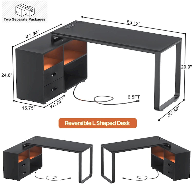 Wendbarer 55-Zoll-L-förmiger Schreibtisch mit Aktenschrank und Steckdose, Eckcomputertisch mit Schublade und LED-Leiste