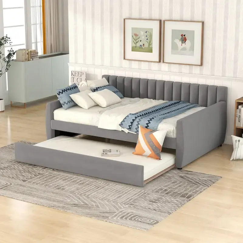 Full Velvet Daybed with Trundle & Wood Slats