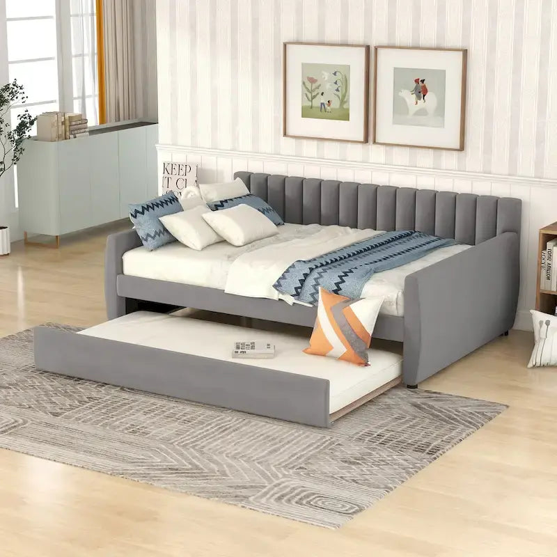 Full Velvet Daybed with Trundle & Wood Slats