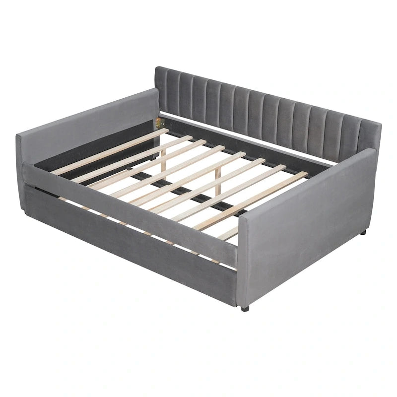 Full Velvet Daybed with Trundle & Wood Slats