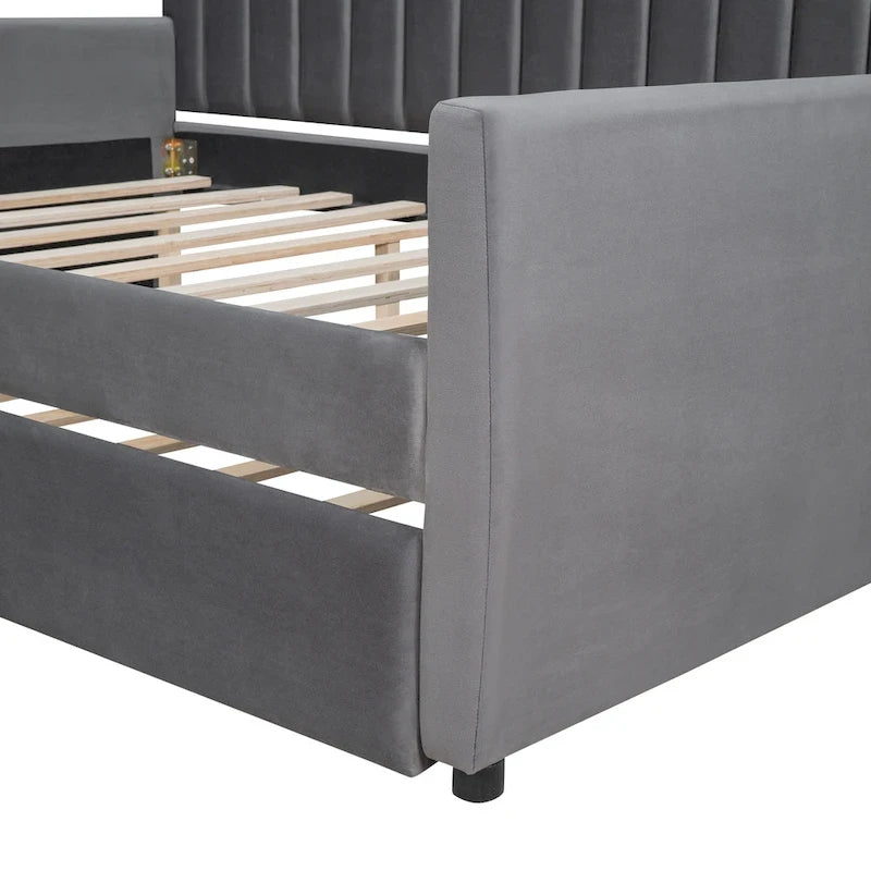 Full Velvet Daybed with Trundle & Wood Slats