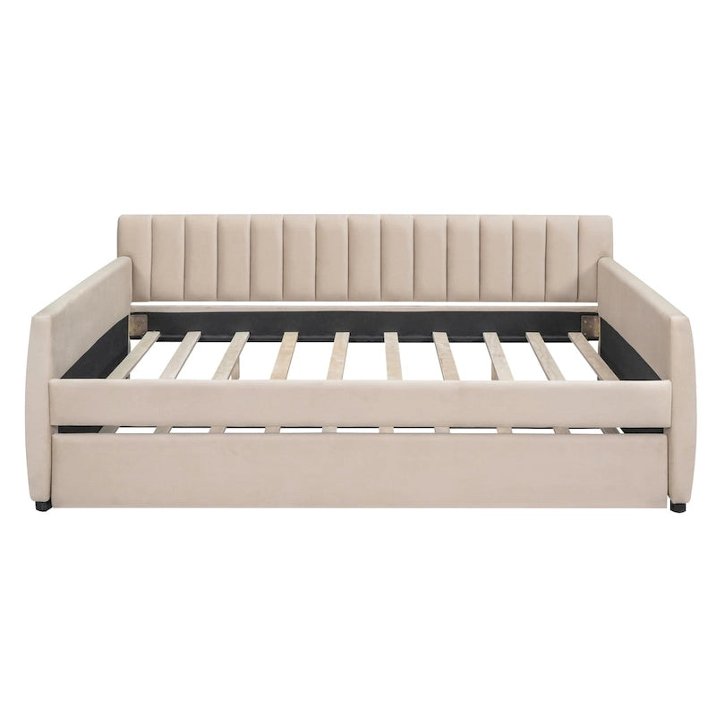 Full Velvet Daybed with Trundle & Wood Slats