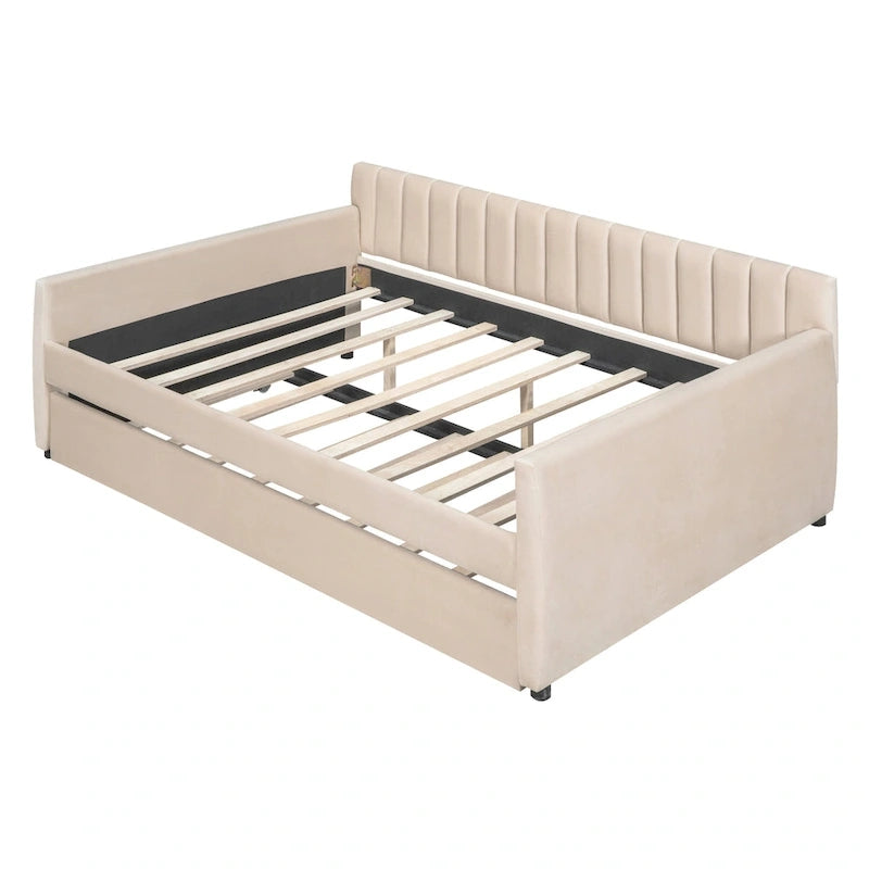 Full Velvet Daybed with Trundle & Wood Slats