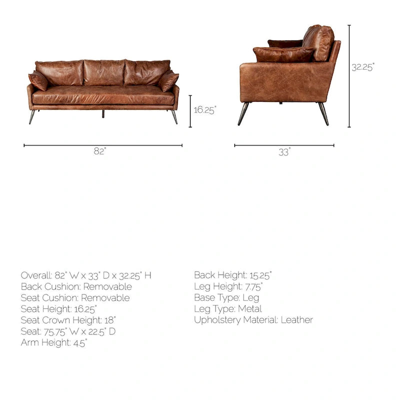 Braunes Echtledersofa - 82.0L x 33.0W x 32.3H