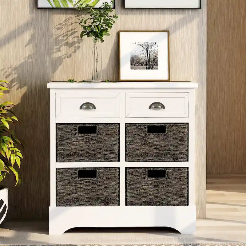 Storage Cabinet with Two Drawers and Four Classic Rattan Basket