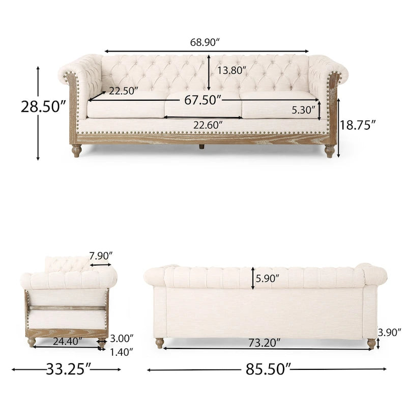 Chesterfield Sofa with Nailhead Trim by - 85.50 L x 33.25 W x 28.50 H