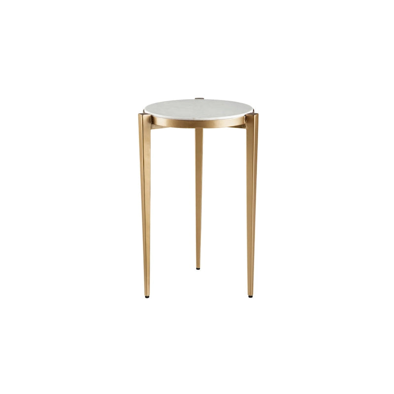 Bijzettafel van 24 inch hoog met blad van echt marmer, wit met goudkleurige accenten