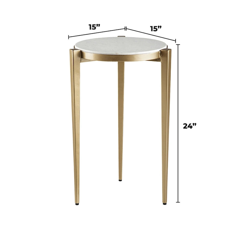 Bijzettafel van 24 inch hoog met blad van echt marmer, wit met goudkleurige accenten