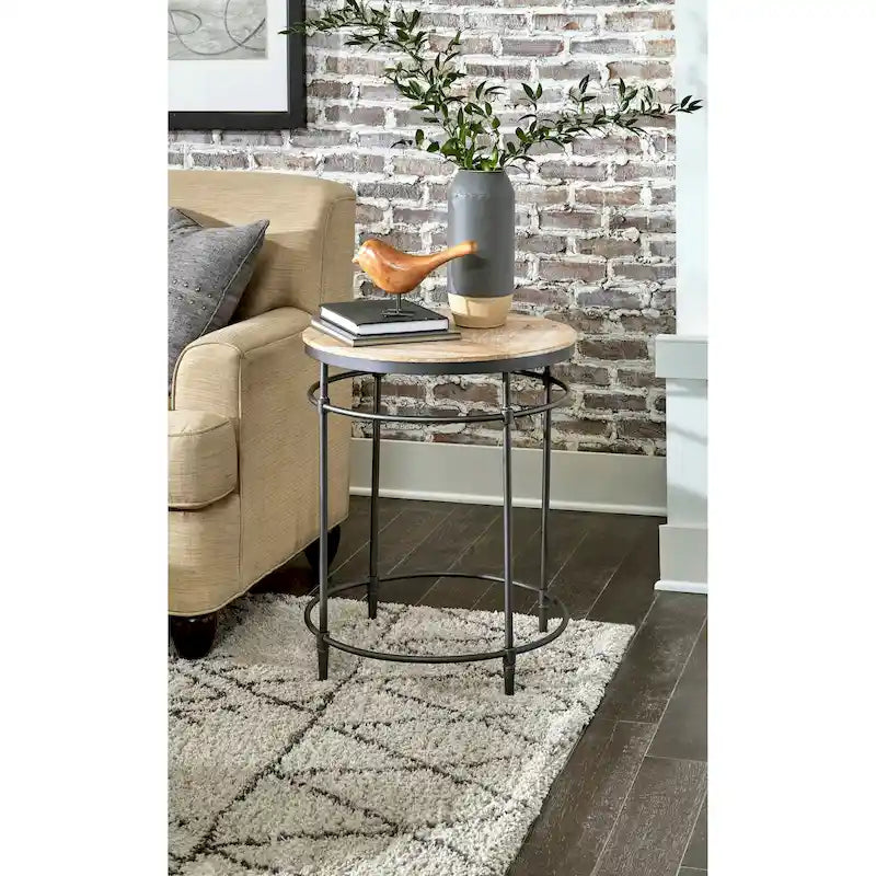 22 Mango Solid Wood and Metal Round End Side Table - 22 inches long x 22 inches wide x 25 inches high