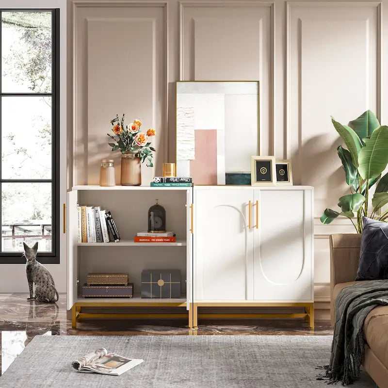 Sideboard Buffet Cabinet with Storage, Modern 4 Doors Buffets with Adjustable Shelf for Living Room Kitchen Dining Room Hallway
