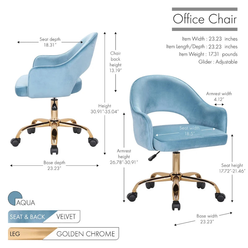 Velvet Swivel Office Chair, Golden Chrome Legs