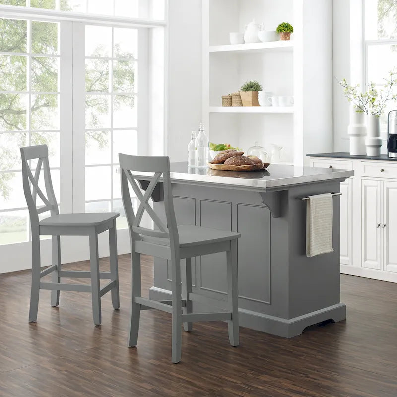 Insel mit Edelstahlplatte und Hockern mit X-Rückenlehne - 50 W x60 D x41H