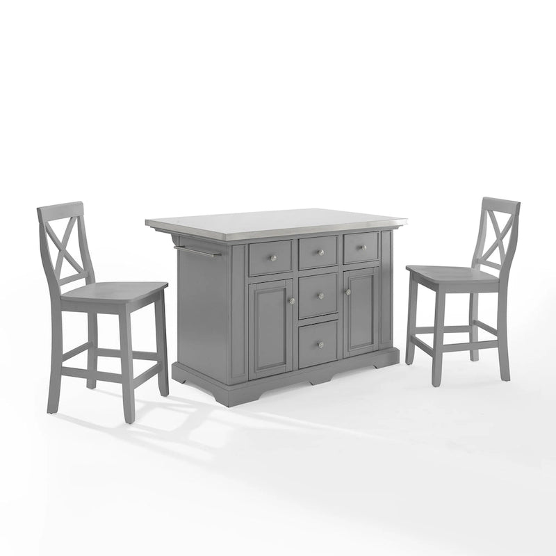 Insel mit Edelstahlplatte und Hockern mit X-Rückenlehne - 50 W x60 D x41H