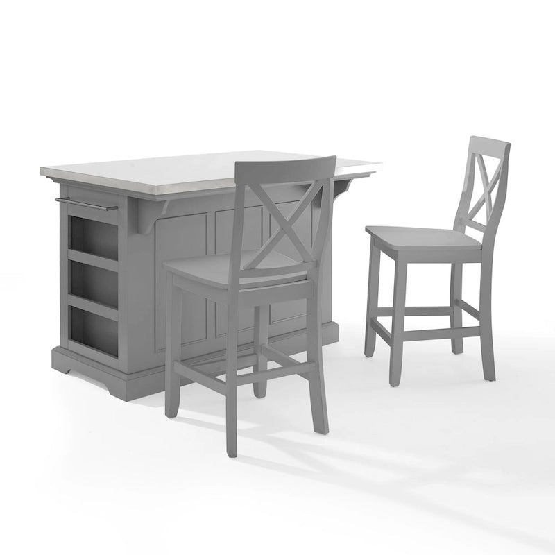 Insel mit Edelstahlplatte und Hockern mit X-Rückenlehne - 50 W x60 D x41H