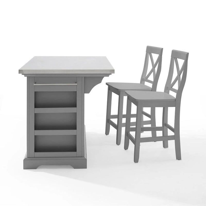 Insel mit Edelstahlplatte und Hockern mit X-Rückenlehne - 50 W x60 D x41H