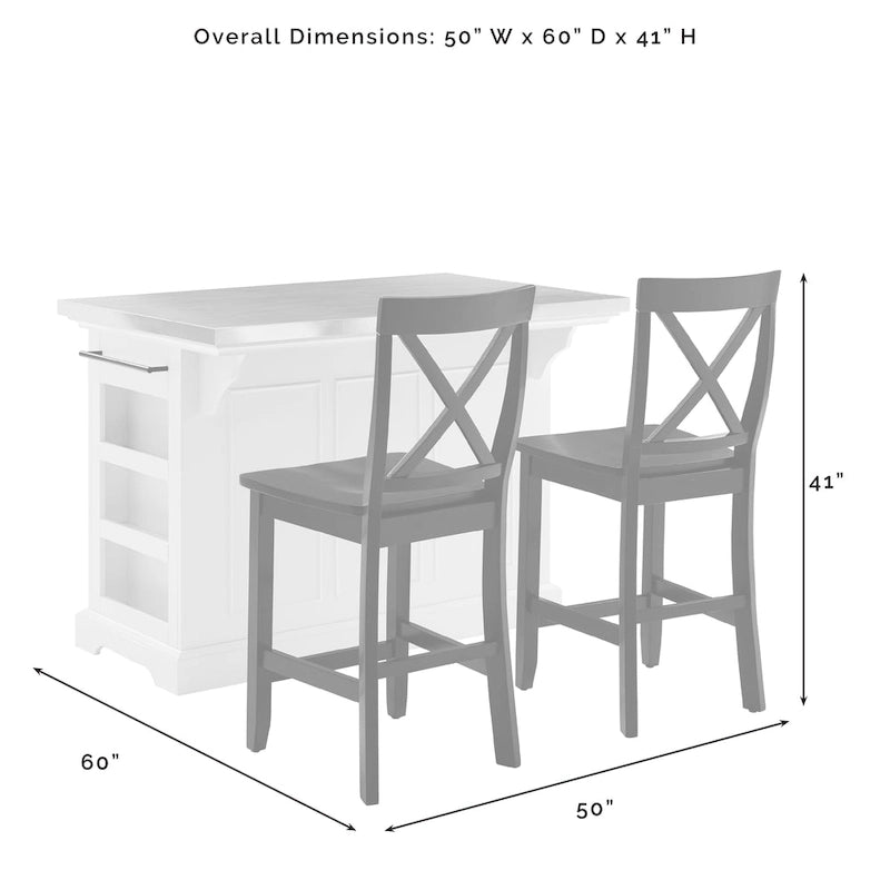 Insel mit Edelstahlplatte und Hockern mit X-Rückenlehne - 50 W x60 D x41H