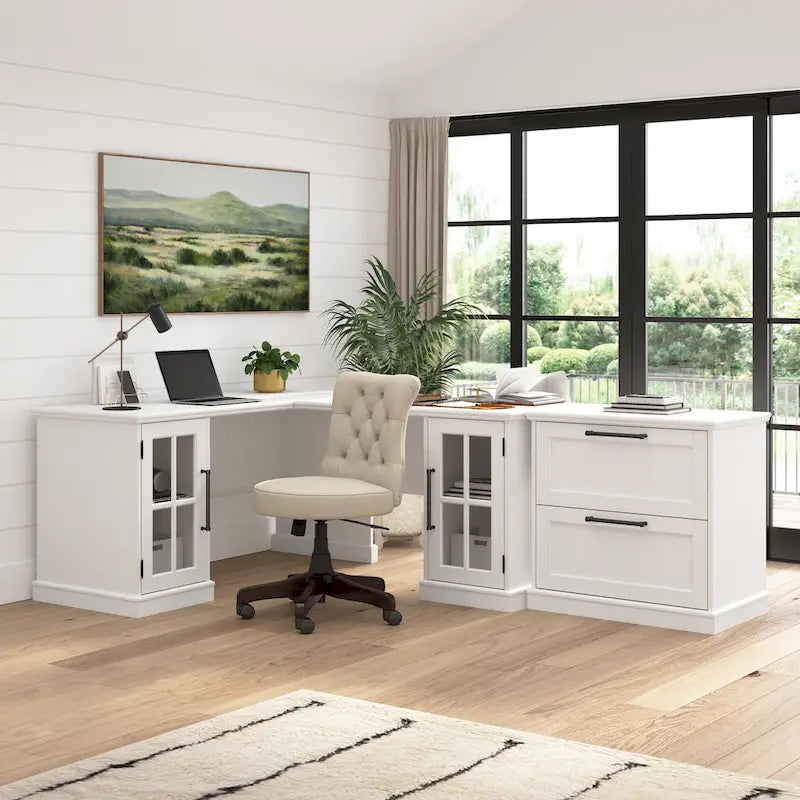 60W L Shaped Desk with Hutch and Storage by