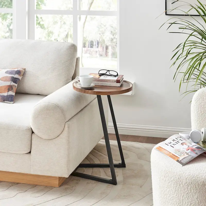 Round Raised Lip Edge Angled Couch-Side Accent C-Table - Black Marble or Brown Walnut