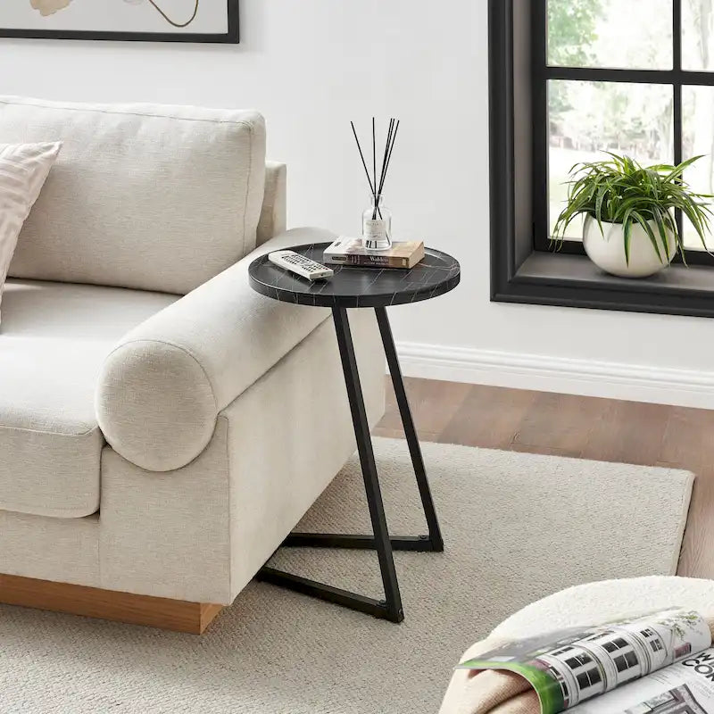 Round Raised Lip Edge Angled Couch-Side Accent C-Table - Black Marble or Brown Walnut