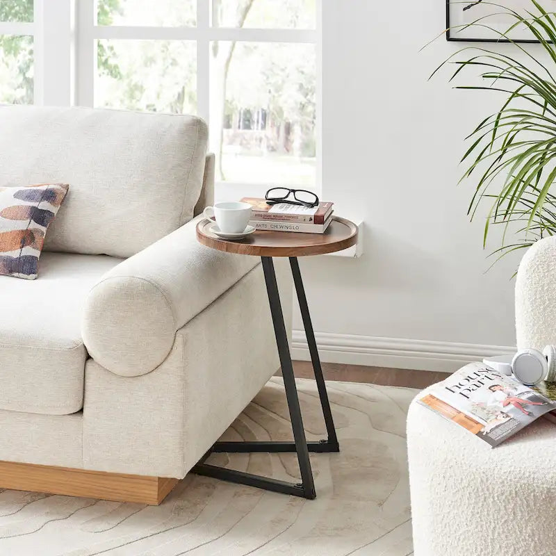 Round Raised Lip Edge Angled Couch-Side Accent C-Table - Black Marble or Brown Walnut