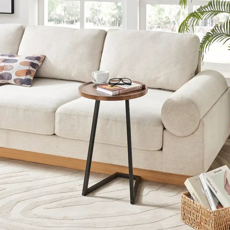 Round Raised Lip Edge Angled Couch-Side Accent C-Table - Black Marble or Brown Walnut