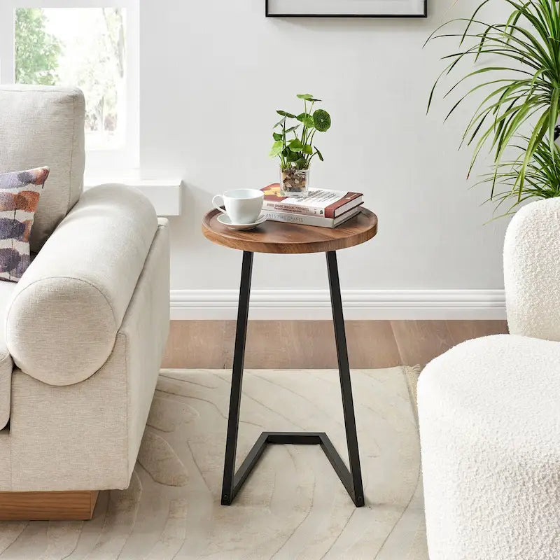 Round Raised Lip Edge Angled Couch-Side Accent C-Table - Black Marble or Brown Walnut