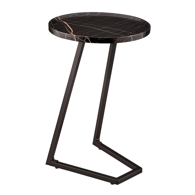 Round Raised Lip Edge Angled Couch-Side Accent C-Table - Black Marble or Brown Walnut