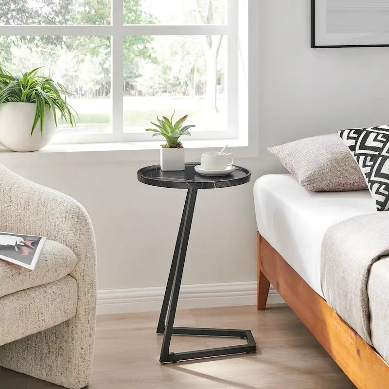 Round Raised Lip Edge Angled Couch-Side Accent C-Table - Black Marble or Brown Walnut