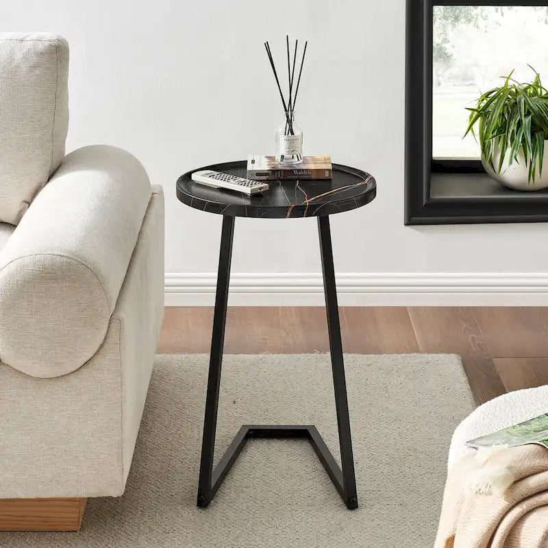 Round Raised Lip Edge Angled Couch-Side Accent C-Table - Black Marble or Brown Walnut