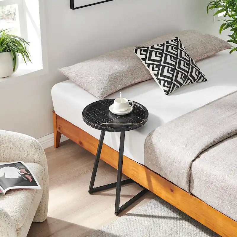 Round Raised Lip Edge Angled Couch-Side Accent C-Table - Black Marble or Brown Walnut