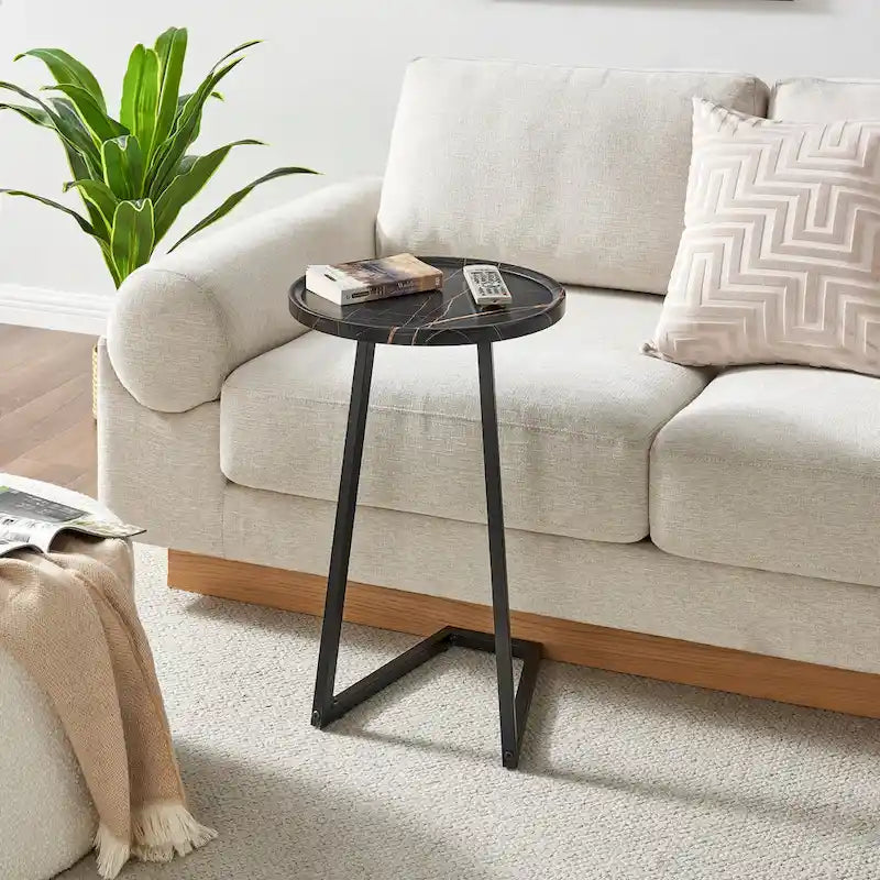Round Raised Lip Edge Angled Couch-Side Accent C-Table - Black Marble or Brown Walnut