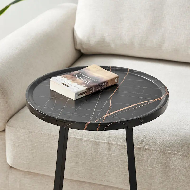 Round Raised Lip Edge Angled Couch-Side Accent C-Table - Black Marble or Brown Walnut