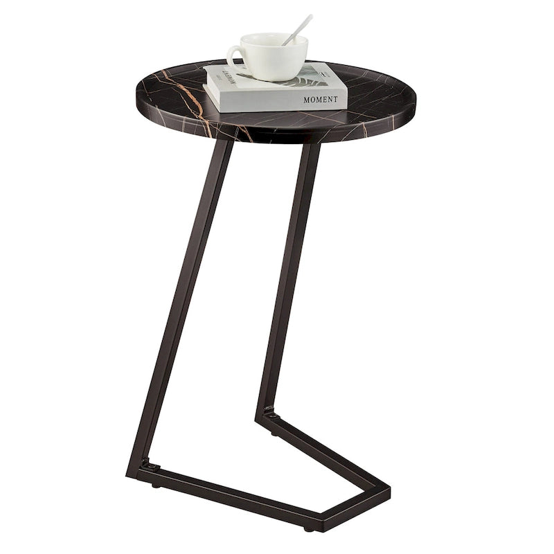Round Raised Lip Edge Angled Couch-Side Accent C-Table - Black Marble or Brown Walnut