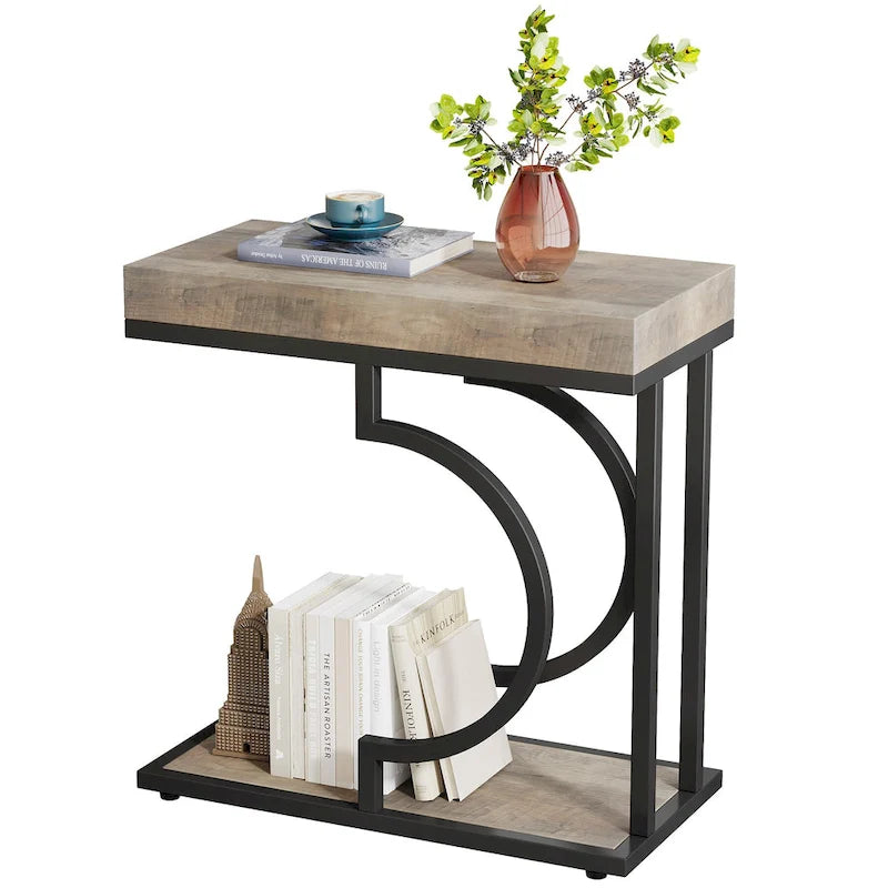 2 Tiers C Shaped Narrow End Chairside Table for Living Room