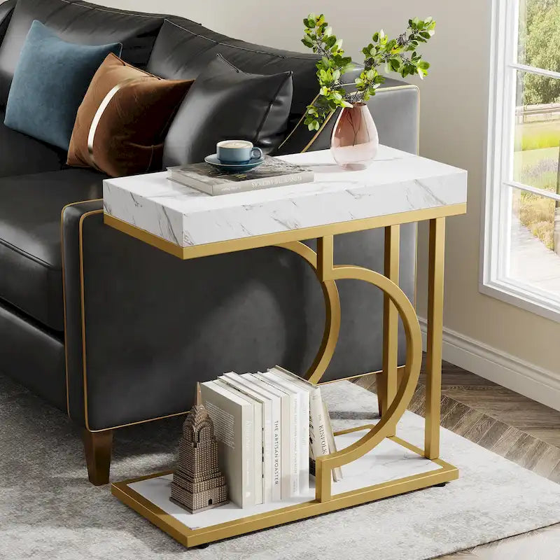 2 Tiers C Shaped Narrow End Chairside Table for Living Room