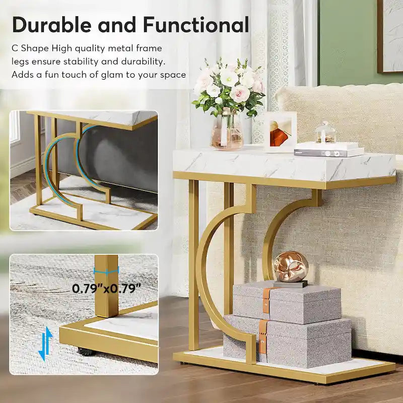 2 Tiers C Shaped Narrow End Chairside Table for Living Room