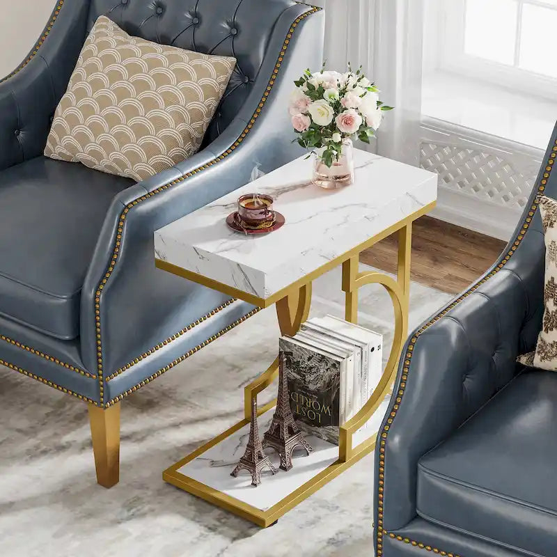 2 Tiers C Shaped Narrow End Chairside Table for Living Room