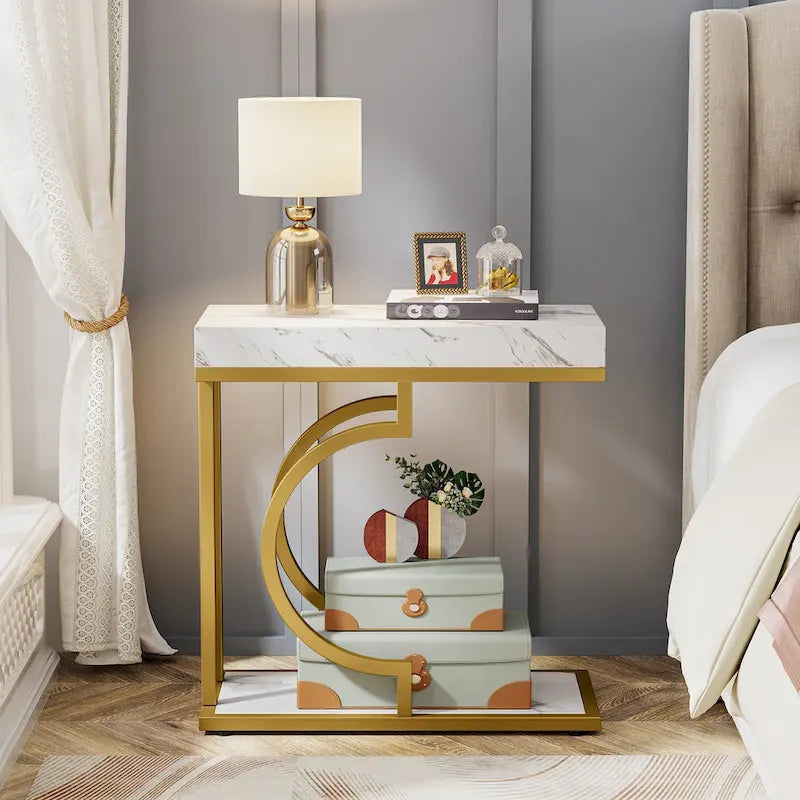 2 Tiers C Shaped Narrow End Chairside Table for Living Room